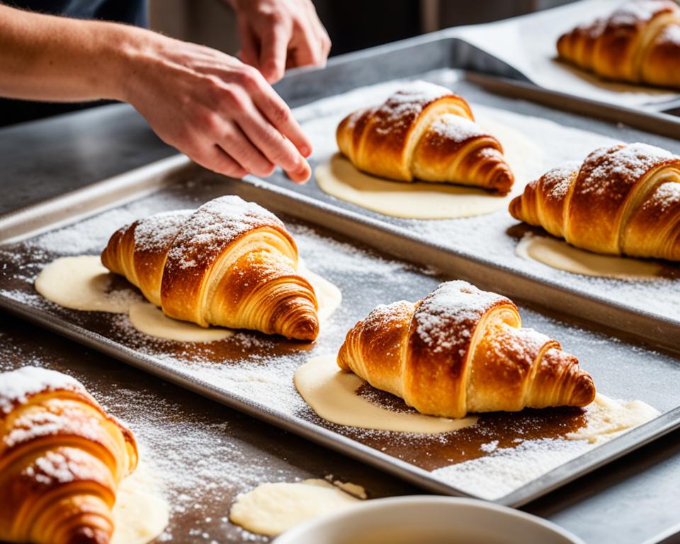 Flaky homemade croissants on a baking sheet