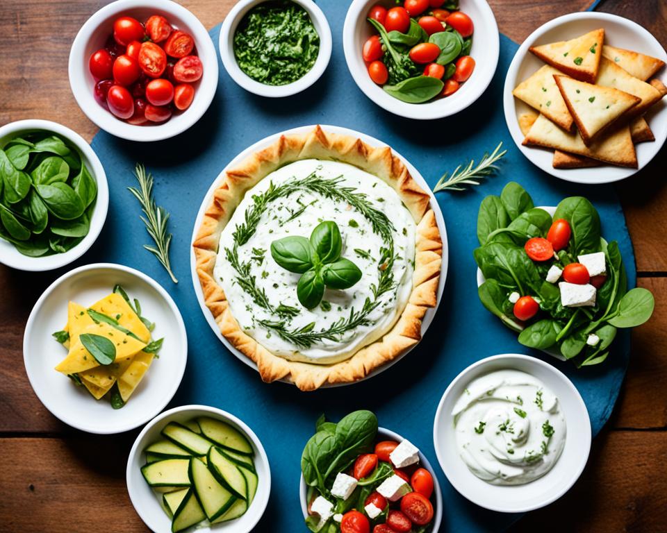 Greek Tzatziki and Mediterranean salads with Spanakopita